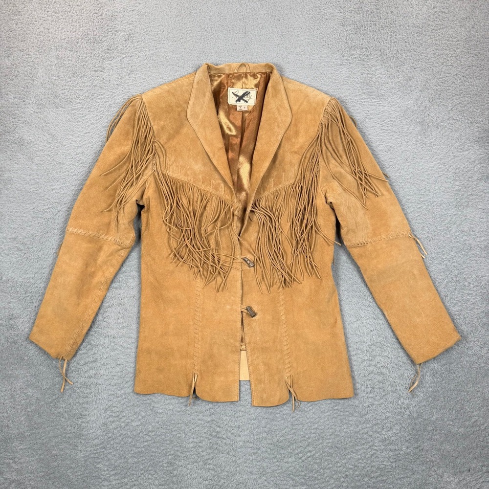 Vintage 80s Scully Womens Tan Suede Fringe Western Jacket Toggle Closure Small